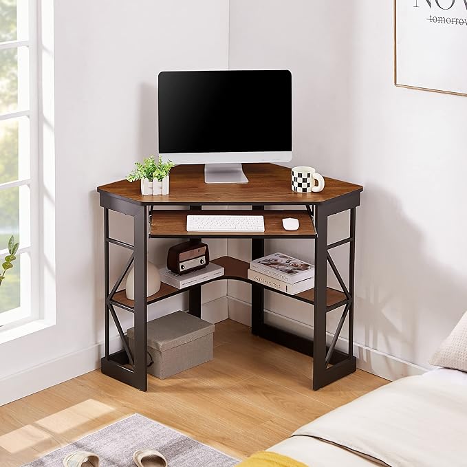 VECELO Corner Computer Desk Writing Smooth Keyboard Tray & Storage Shelves,Compact Home Office Triangle Table, Teak Brown - LeafyLoom