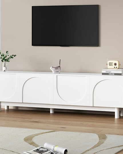 Merax Graceful TV Stand with Arch Cabinets for Televisions Up to 78'', Minimalist Entertainment Center with Solid Wood Legs and Adjustable Shelves, Practical Media Console for Living Room, White - LeafyLoom