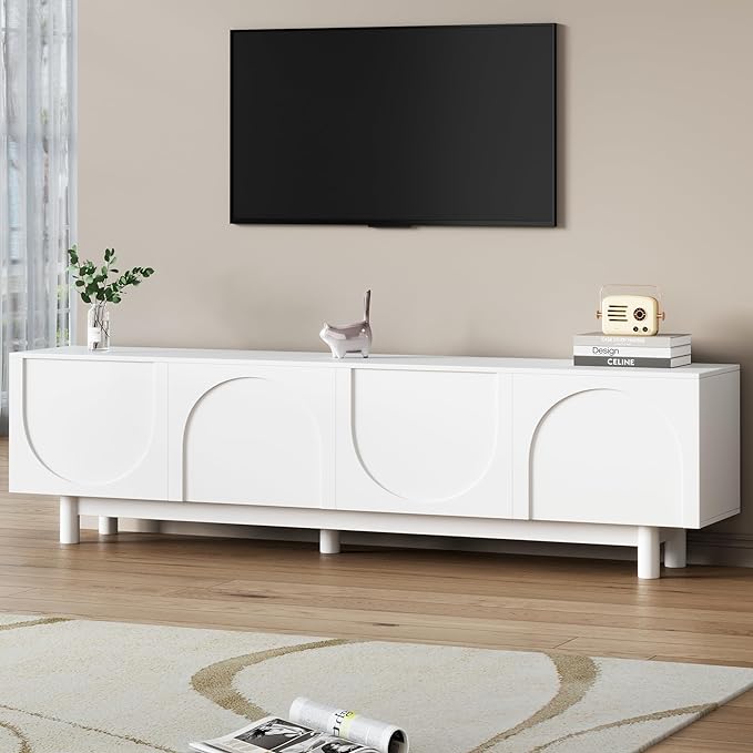 Merax Graceful TV Stand with Arch Cabinets for Televisions Up to 78'', Minimalist Entertainment Center with Solid Wood Legs and Adjustable Shelves, Practical Media Console for Living Room, White - LeafyLoom