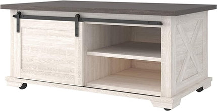 Signature Design by Ashley Dorrinson Farmhouse Coffee Table with Sliding Barn Doors, Antique White & Brown - LeafyLoom