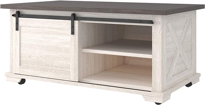 Signature Design by Ashley Dorrinson Farmhouse Coffee Table with Sliding Barn Doors, Antique White & Brown - LeafyLoom