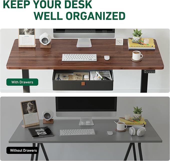 FEZIBO Standing Desk with Drawer, 63 x 24 Inches Adjustable Height Electric Stand up Desk with Storage, Sit Stand Home Office Desk, Black Walnut - LeafyLoom