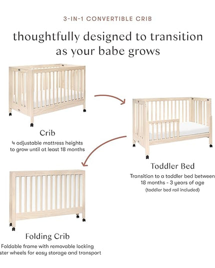 Babyletto Maki Full-Size 2-in-1 Portable Folding Crib with Toddler Bed Conversion Kit in Washed Natural, Greenguard Gold Certified - LeafyLoom