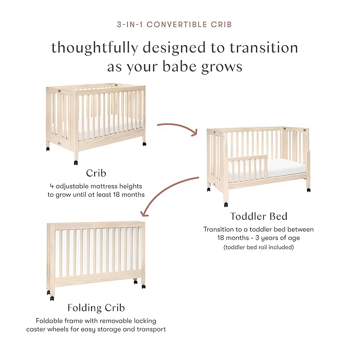 Babyletto Maki Full-Size 2-in-1 Portable Folding Crib with Toddler Bed Conversion Kit in Washed Natural, Greenguard Gold Certified - LeafyLoom