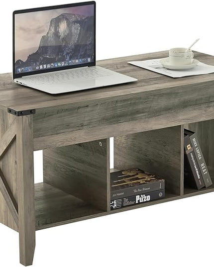 VINGLI Farmhouse Lift Top Coffee Table, Rustic Grey Coffee Table with Lift Top, Lift Up Pop Up Coffee Table with Storage Shelf/Hidden Compartment, Gas Lift Coffee Table Mesa De Centro Para Sala - LeafyLoom