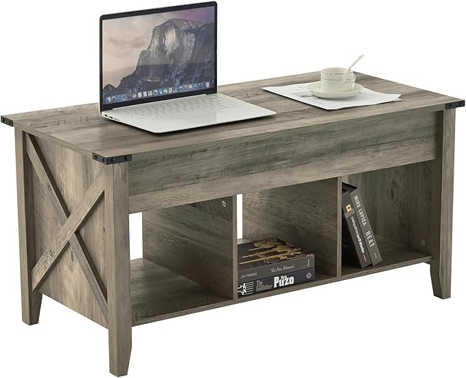VINGLI Farmhouse Lift Top Coffee Table, Rustic Grey Coffee Table with Lift Top, Lift Up Pop Up Coffee Table with Storage Shelf/Hidden Compartment, Gas Lift Coffee Table Mesa De Centro Para Sala - LeafyLoom