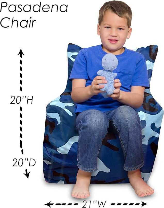 Posh Creations Structured Comfy Bean Bag Chair for Gaming, Reading and Watching TV, Pasadena Chair, Nylon - Camo Blue and Light Blue - LeafyLoom