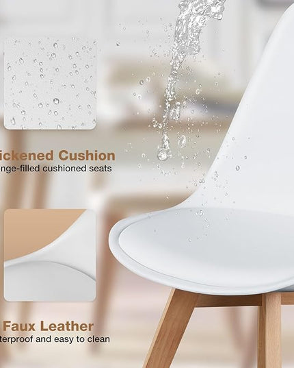 Sweetrcrispy Dining Chairs Set of 4, Kitchen Room PU Leather Mid Century Modern Chairs, Upholstered Dining Desk Chairs with Wood Legs for Home Office, White - LeafyLoom