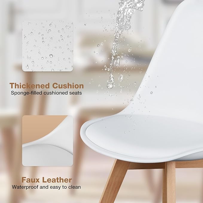 Sweetrcrispy Dining Chairs Set of 4, Kitchen Room PU Leather Mid Century Modern Chairs, Upholstered Dining Desk Chairs with Wood Legs for Home Office, White - LeafyLoom