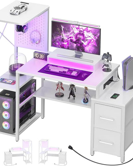Small Gaming Desk with 2 Fabric Drawers - Reversible Computer Desk with Power Outlet & LED Lights, 49" Office Desk with Monitor Stand & Storage Shelves, Writing Study Table with Pegboard, White - LeafyLoom
