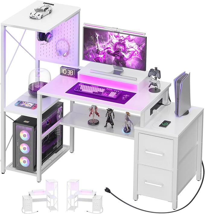 Small Gaming Desk with 2 Fabric Drawers - Reversible Computer Desk with Power Outlet & LED Lights, 49" Office Desk with Monitor Stand & Storage Shelves, Writing Study Table with Pegboard, White - LeafyLoom
