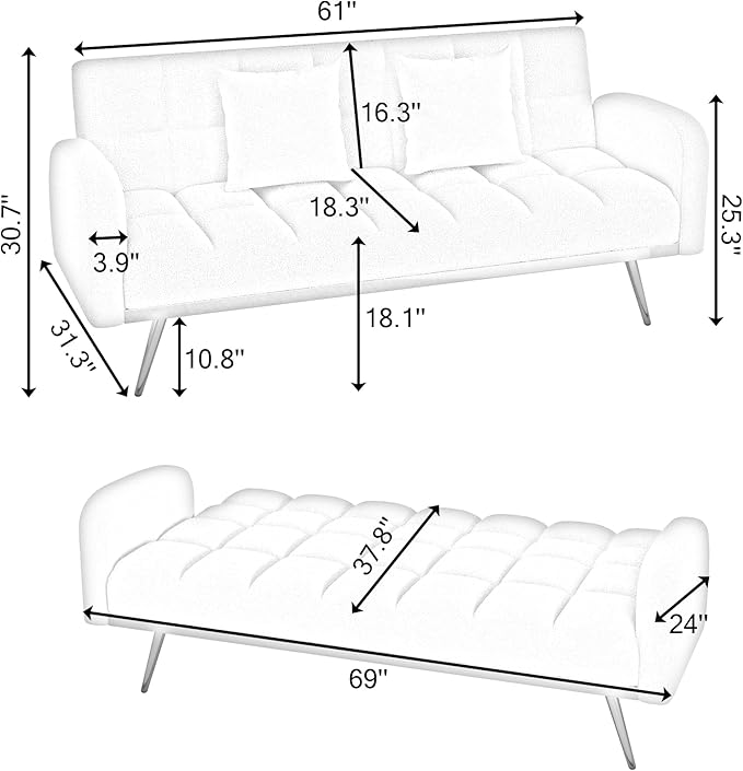 Fabric Teddy Fleece Folding Futon Sofa Bed w/Adjustable Backrests, 2 Seater Tufted Convertible Lounge Couch Recliner Loveseat with Metal Golden Legs for Living Room, Office,Bedroom, Gray 69" - LeafyLoom