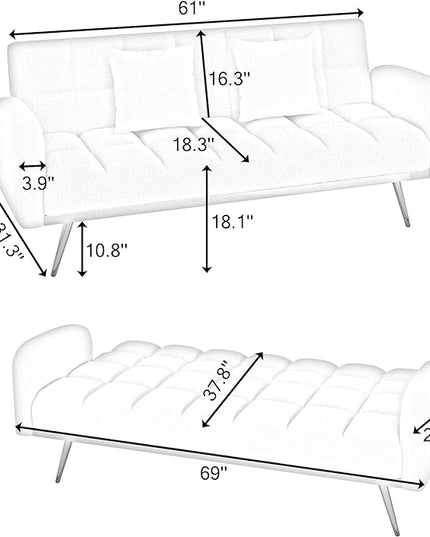 Fabric Teddy Fleece Folding Futon Sofa Bed w/Adjustable Backrests, 2 Seater Tufted Convertible Lounge Couch Recliner Loveseat with Metal Golden Legs for Living Room, Office,Bedroom, Green 69" - LeafyLoom