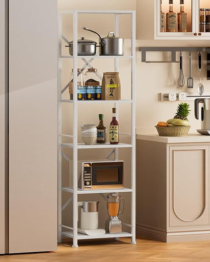 Furologee White Tall Bookshelf, Narrow Bookcase with 6 Shelves, Modern Freestanding Shelf Units, Metal and Wood Display Storage Corner Rack Organizer for Living Room, Home Office, Hallway, Bathroom - LeafyLoom