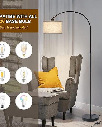 Arc Floor Lamps for Living Room, Modern Standing Lamp with Adjustable Hanging Drum Shade, Tall Pole Lamp with Foot Switch, Over Couch Arched Reading Light for Bedroom, Office (Black) - LeafyLoom
