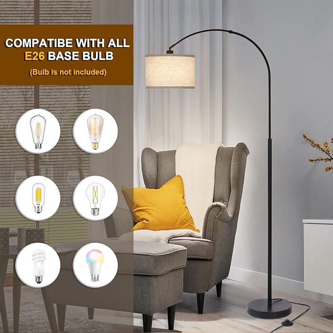Arc Floor Lamps for Living Room, Modern Standing Lamp with Adjustable Hanging Drum Shade, Tall Pole Lamp with Foot Switch, Over Couch Arched Reading Light for Bedroom, Office (Black) - LeafyLoom