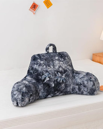 A Nice Night Faux Fur Soft Reading Pillow Bed Wedge Adult Backrest with Arms Back Support for Sitting Up in Bed/Couch for Bedrest,Tie Dyed Gray,Large - LeafyLoom