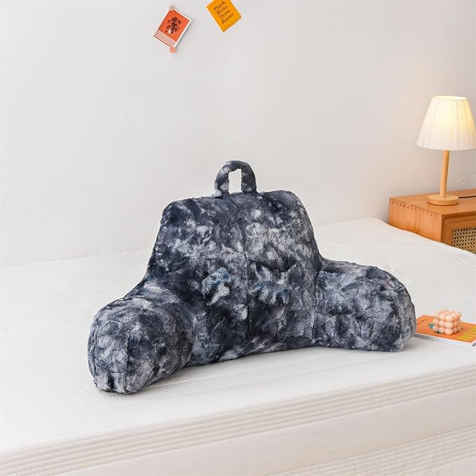 A Nice Night Faux Fur Soft Reading Pillow Bed Wedge Adult Backrest with Arms Back Support for Sitting Up in Bed/Couch for Bedrest,Tie Dyed Gray,Large - LeafyLoom