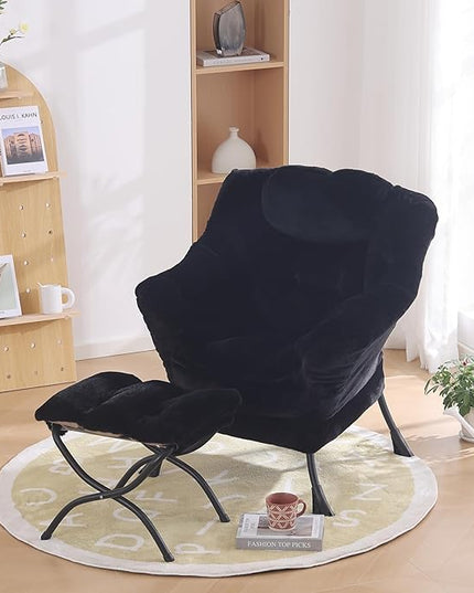 Lazy Chair with Ottoman, Modern Chair with Folding Footrest, Lounge Accent Chair, Comfortable Reading Chair for Bedroom, Study, Living Room, Small Space (Plush Black) - LeafyLoom