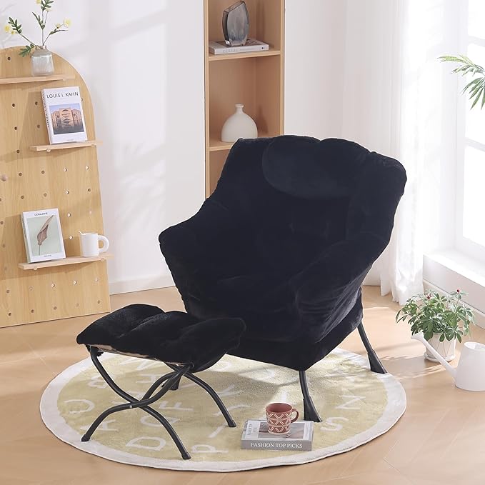 Lazy Chair with Ottoman, Modern Chair with Folding Footrest, Lounge Accent Chair, Comfortable Reading Chair for Bedroom, Study, Living Room, Small Space (Plush Black) - LeafyLoom