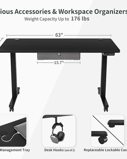 FEZIBO 63 x 24 Inches Standing Desk with Drawer, Adjustable Height Electric Stand up Desk with Storage, Sit Stand Home Office Desk, Ergonomic Computer Desk, Black - LeafyLoom