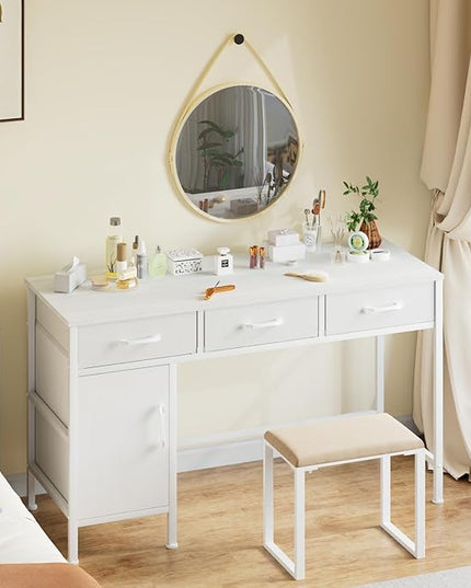 White Desk with Storage Cabinet and 3 Fabric Drawers, 47 Inch Home Office Desk for Writing Study Gaming, Computer Table with Storage Space, Modern Vanity Desk for Bedroom - LeafyLoom