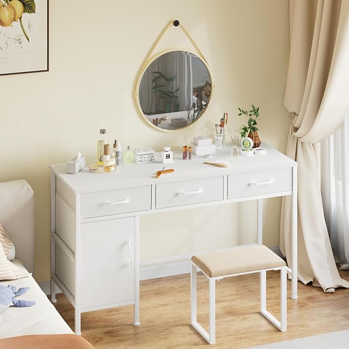 White Desk with Storage Cabinet and 3 Fabric Drawers, 47 Inch Home Office Desk for Writing Study Gaming, Computer Table with Storage Space, Modern Vanity Desk for Bedroom - LeafyLoom
