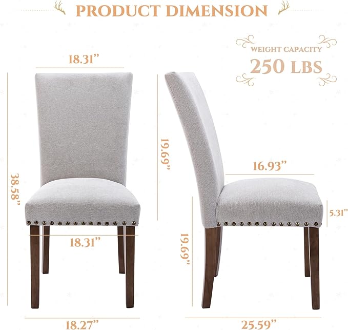 Parsons Dining Chairs Set of 4, Upholstered Nailhead Dining Room Kitchen Side Chair with Thick Cushions and Wood Legs, Light Grey - LeafyLoom