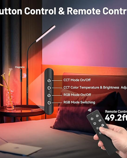 Dimunt LED Floor Lamp, 15W Super Bright RGB Corner Lamp, 3000K-6500K 4 Color Temps Dimmable Floor Lamp, Remote & Touch Control, 1 Hour Timer, Adjustable Gooseneck Standing Lamp for Living Room Home - LeafyLoom