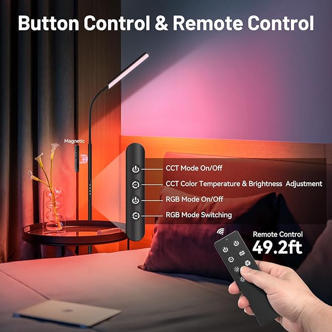 Dimunt LED Floor Lamp, 15W Super Bright RGB Corner Lamp, 3000K-6500K 4 Color Temps Dimmable Floor Lamp, Remote & Touch Control, 1 Hour Timer, Adjustable Gooseneck Standing Lamp for Living Room Home - LeafyLoom