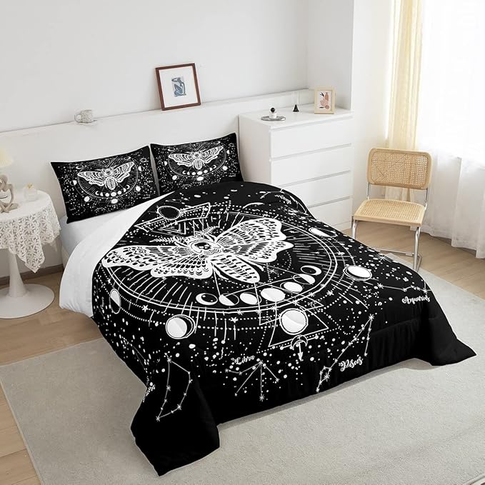 Kids Boho Moth Comforter Set Queen Boys Gothic Skull Bedding Set For Men Women Bedroom Decor Bohemian Moon Starry Sky Comforter Exotic Moth Skull Skeleton Bones Duvet Set Teens Quilt Set, Black White - LeafyLoom