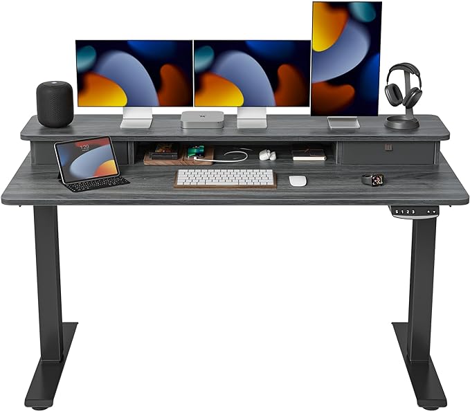 FEZIBO 60 x 24 Inch Height Adjustable Electric Standing Desk with Double Drawer, Stand Up Desk with Storage Shelf, Sit Stand Desk, Grey - LeafyLoom