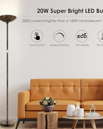Floor Lamp, Standing Lamp, 20W 2000LM LED Torchiere Floor Lamp, Stepless Dimmable, Touch Control, 3000K Daylight, 50000hrs Lifespan, Floor Lamps for Living Room, Standing Lamps for Bedroom,Bronze - LeafyLoom