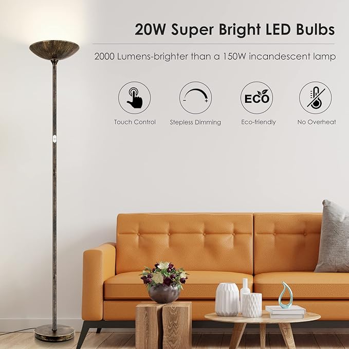 Floor Lamp, Standing Lamp, 20W 2000LM LED Torchiere Floor Lamp, Stepless Dimmable, Touch Control, 3000K Daylight, 50000hrs Lifespan, Floor Lamps for Living Room, Standing Lamps for Bedroom,Bronze - LeafyLoom