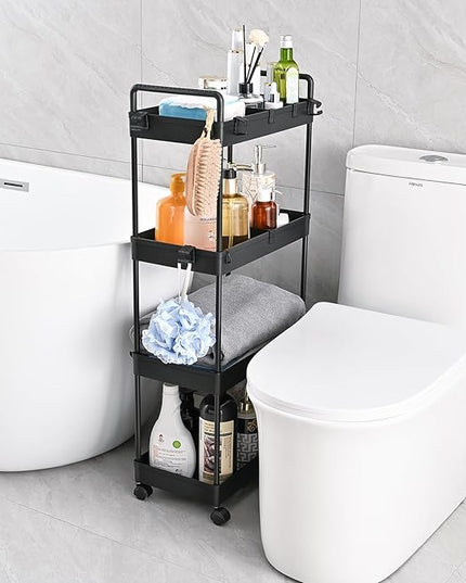 AROGAN Rolling Storage Cart with Wheels, 4 Tier Bathroom Storage Cart Laundry Room Organizer, Rolling Utility Cart for Kitchen, Bathroom, Laundry Room, Office, Narrow Place (Black) - LeafyLoom