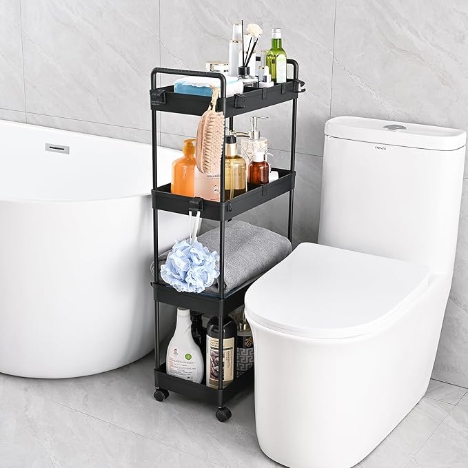 AROGAN Rolling Storage Cart with Wheels, 4 Tier Bathroom Storage Cart Laundry Room Organizer, Rolling Utility Cart for Kitchen, Bathroom, Laundry Room, Office, Narrow Place (Black) - LeafyLoom