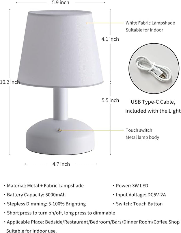 KDG Modern Cordless Small Table Lamp, Portable LED Fabric Shade Desk Lamps, 5000mAh Rechargeable Battery Operated Lighting for Bedroom, Bedside, Bar, Living Room, Dining Room, Night Light(White) - LeafyLoom