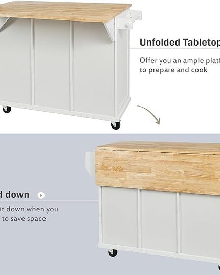 Kitchen Island with Storage on Wheels,Rolling Kitchen Island Cart w/Drop Leaf Countertop,Portable Rolling Cart with 3 Drawers&Tower Rack for Kitchen Dinning Room - LeafyLoom