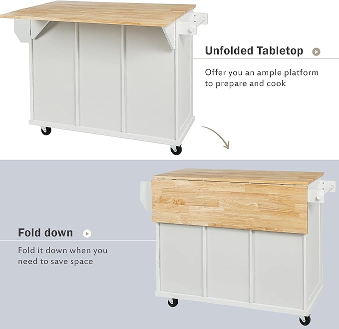Kitchen Island with Storage on Wheels,Rolling Kitchen Island Cart w/Drop Leaf Countertop,Portable Rolling Cart with 3 Drawers&Tower Rack for Kitchen Dinning Room - LeafyLoom