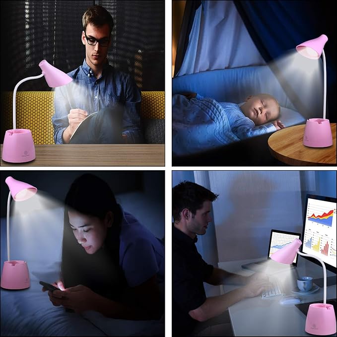 Small Desk Lamp, Kids Desk Lamp with Pen Holder & Mobile Phone Stand, 3 Lighting Modes for Reading Kids Dorm& Mobile Phone Stand for Reading Dorm Home Office(Pink) - LeafyLoom