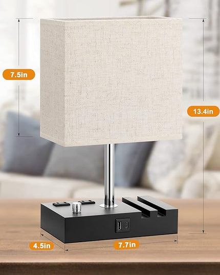 Bedside Lamps for Bedroom Set of 2, Kakanuo Fully Dimmable Small Beige Nightstand Lamps with USB C Ports and 2 Charging Outlets, Wooden Table Lamp with Phone Stands for Living Room, LED Bulbs Included - LeafyLoom
