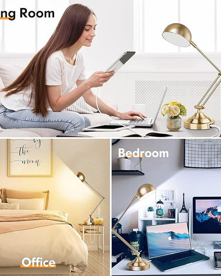 Architect Gold Desk Lamp Dimmable with USB Port, Adjustable Touch Control Vintage Desk Lamp 3 Color Modes, Brass Metal Desk Lamp Retro Style Reading Light for Home Office Desk Bedside Table - LeafyLoom