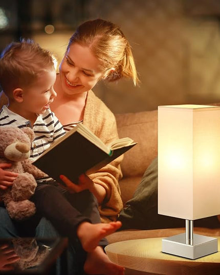 White Small Table Lamp for Bedroom - Bedside Lamps for Nightstand, Minimalist Night Stand Lamp with Square Fabric Shade, Desk Reading Lamp for Kids Room Living Room Office with Sliver Base - LeafyLoom
