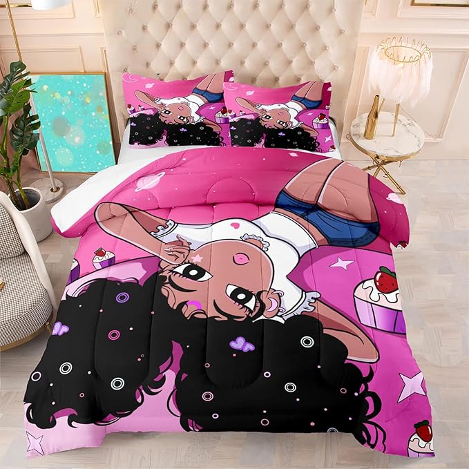 Black Girl Full Size Comforter Set for Girls Bedroom Decor African American Girl Bedding Set Pink Full Quilt Set with 2 Pillowcases Black Girl Magic Comforter Set Gifts for Black Women Girls - LeafyLoom