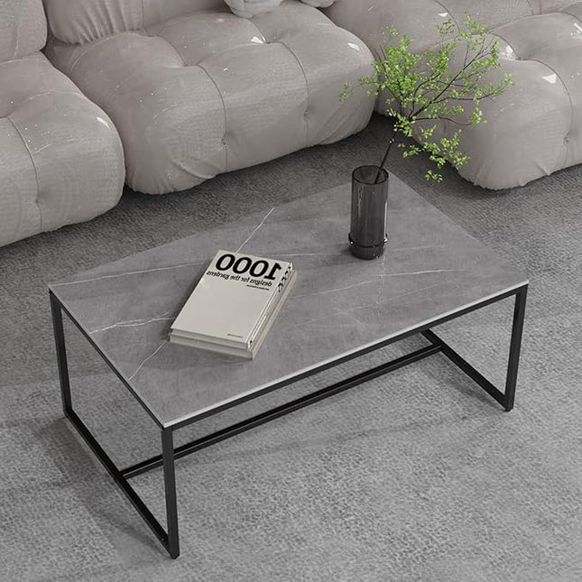 Wisfor Sintered Stone Coffee Table: Grey Sofa Center Table with Black Metal Frame - Rectangular Furniture Decor Table for Living Room, 39.4x23.6x15.7 Inch - LeafyLoom