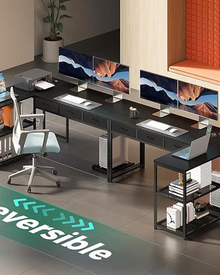 AODK 53 Inch L Shaped Computer Desk with Drawers, Corner Desk with Power Outlets & Reversible Storage Shelves, Movable CPU Stand for Home Office Gaming, Black - LeafyLoom