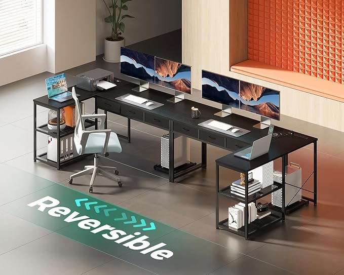 AODK 53 Inch L Shaped Computer Desk with Drawers, Corner Desk with Power Outlets & Reversible Storage Shelves, Movable CPU Stand for Home Office Gaming, Black - LeafyLoom