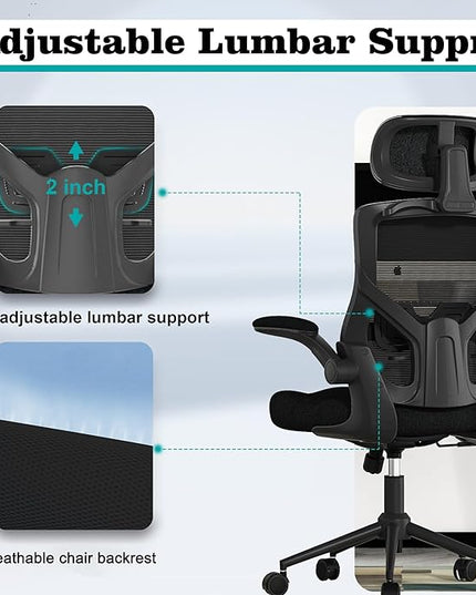 Ergonomic Office Chair, High Back Mesh Desk Chair with Thick Molded Foam Cushion, Coat Hanger, Adjustable Headrest, Lumbar Support, Tilt & Lock Function - Task Chair (All Black) - LeafyLoom