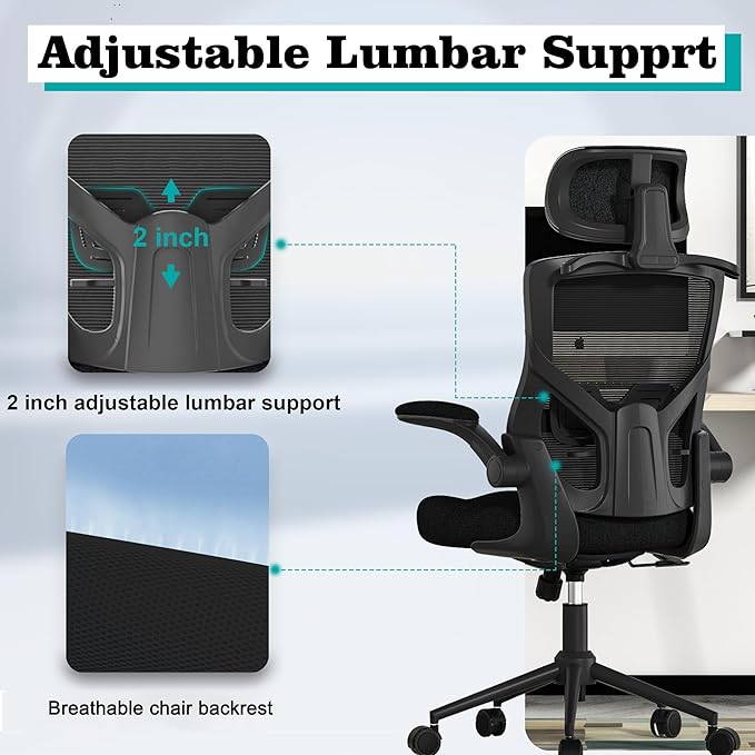 Ergonomic Office Chair, High Back Mesh Desk Chair with Thick Molded Foam Cushion, Coat Hanger, Adjustable Headrest, Lumbar Support, Tilt & Lock Function - Task Chair (All Black) - LeafyLoom