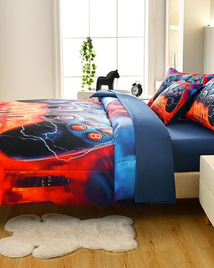 Game Console Twin Comforter Set with Sheets, Microfiber 6 Pcs Bed in A Bag Twin Size Gamer Bedding Set for Boys Kids Teens - LeafyLoom